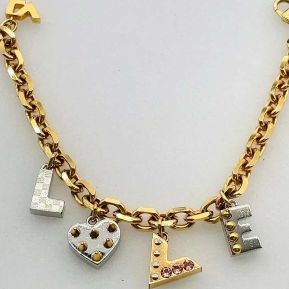 Louis Vuitton Gold and Silver Heart Charm LOVE Bracelet/ Comes With COA